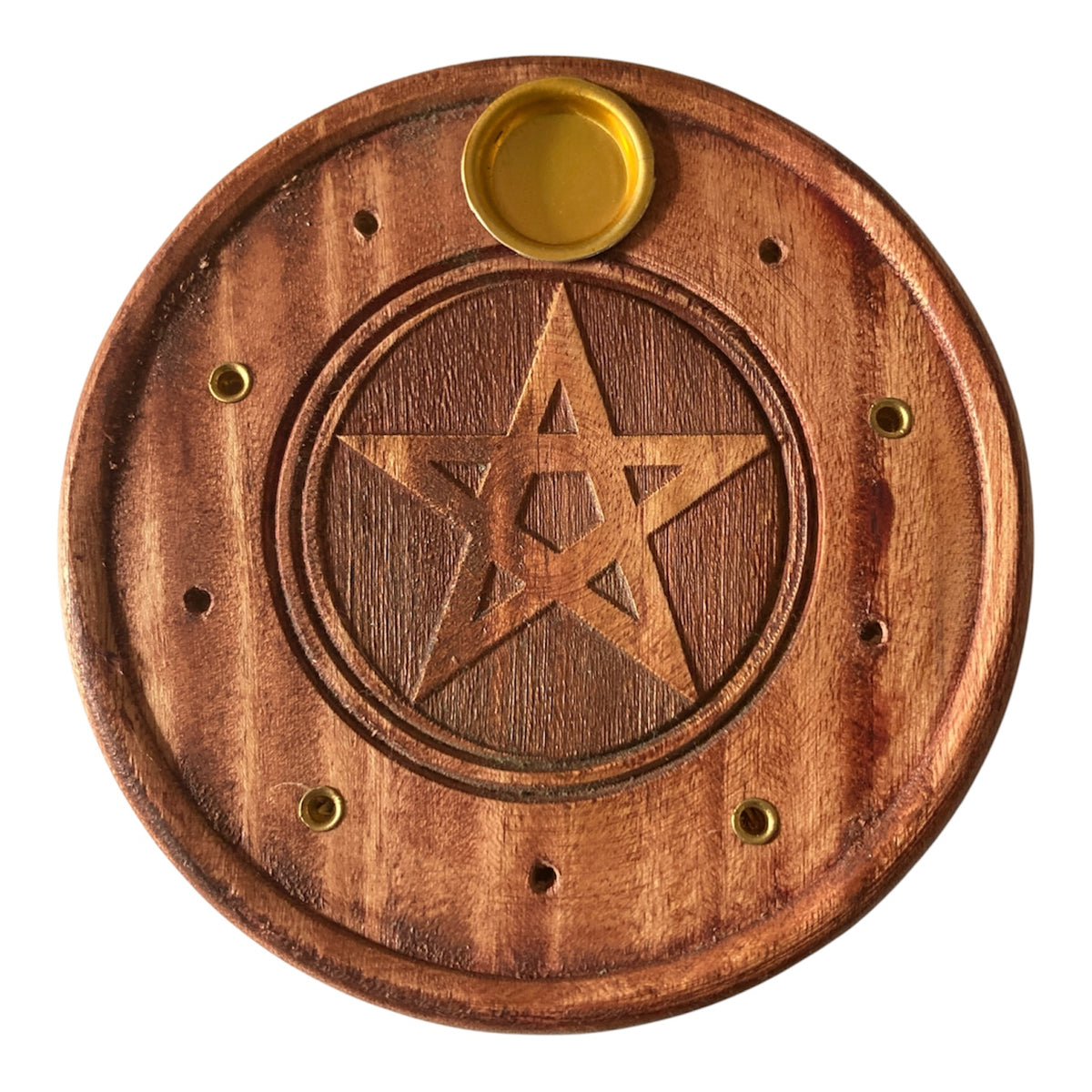 Wood Incense Holder Cones & Sticks Round/ Pentacle 4”