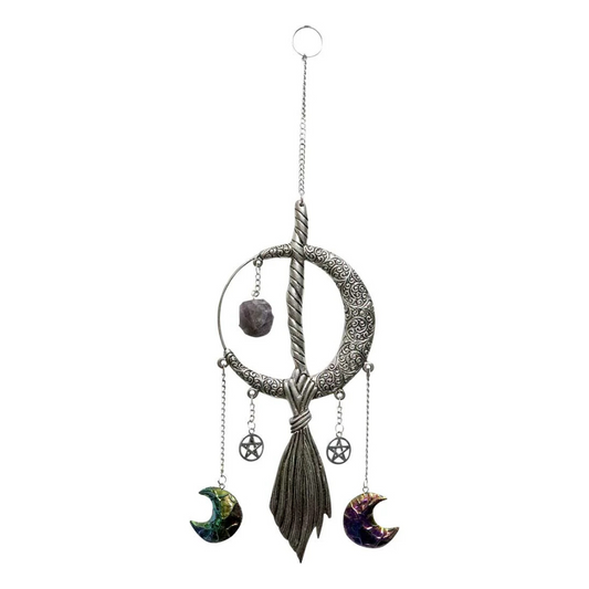 Moon & Broom with Amethyst Metal Wall Hanging