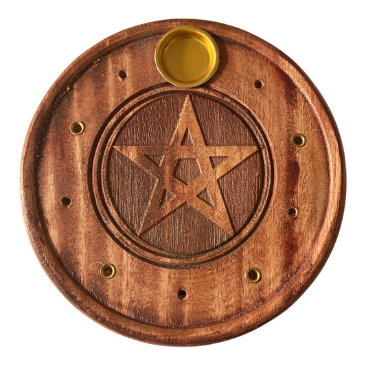 Wood Incense Holder Cones & Sticks Round/ Pentacle 4”