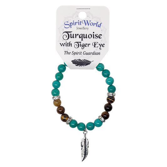 Turquoise & Tiger Eye with Feather Charm Bracelet