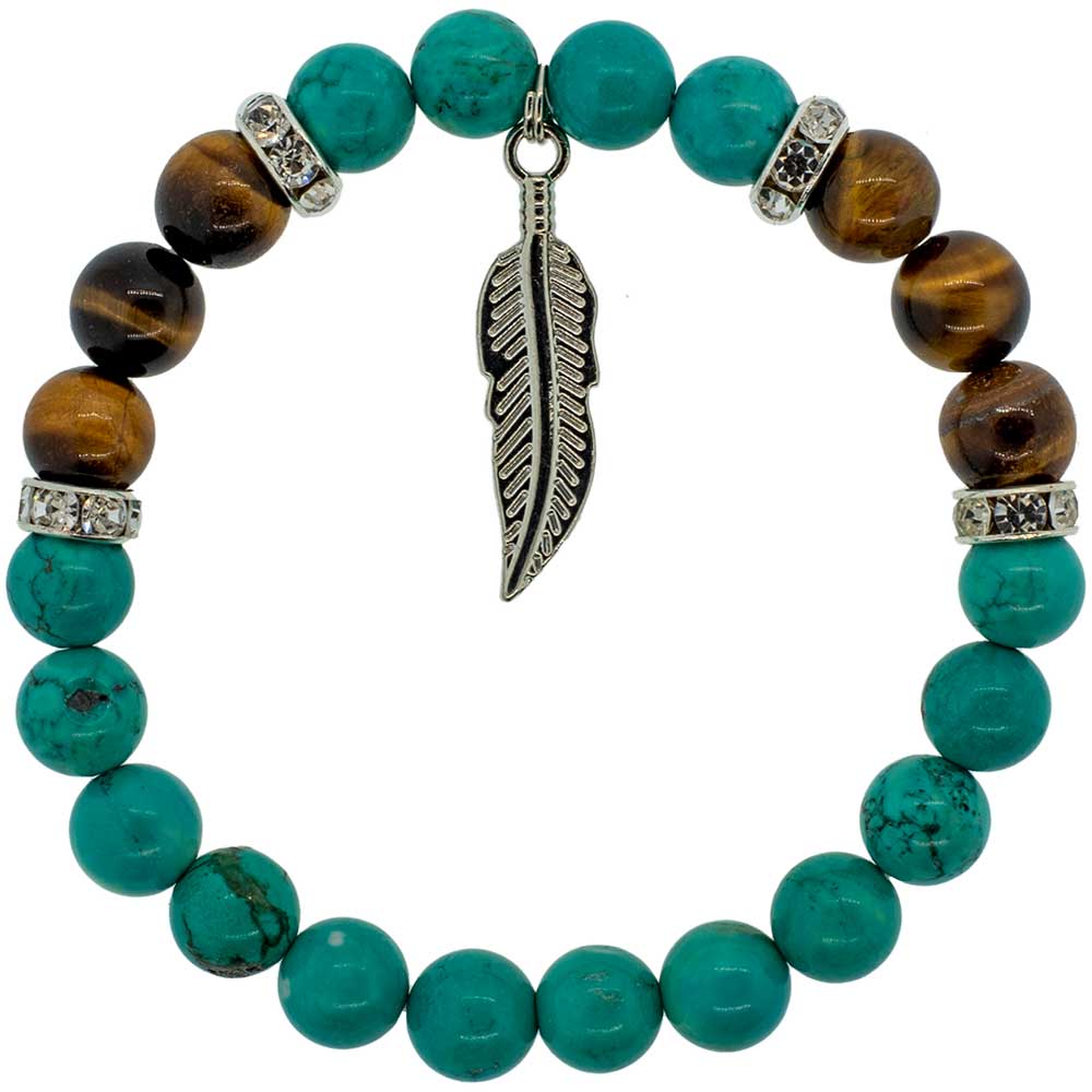 Turquoise & Tiger Eye with Feather Charm Bracelet